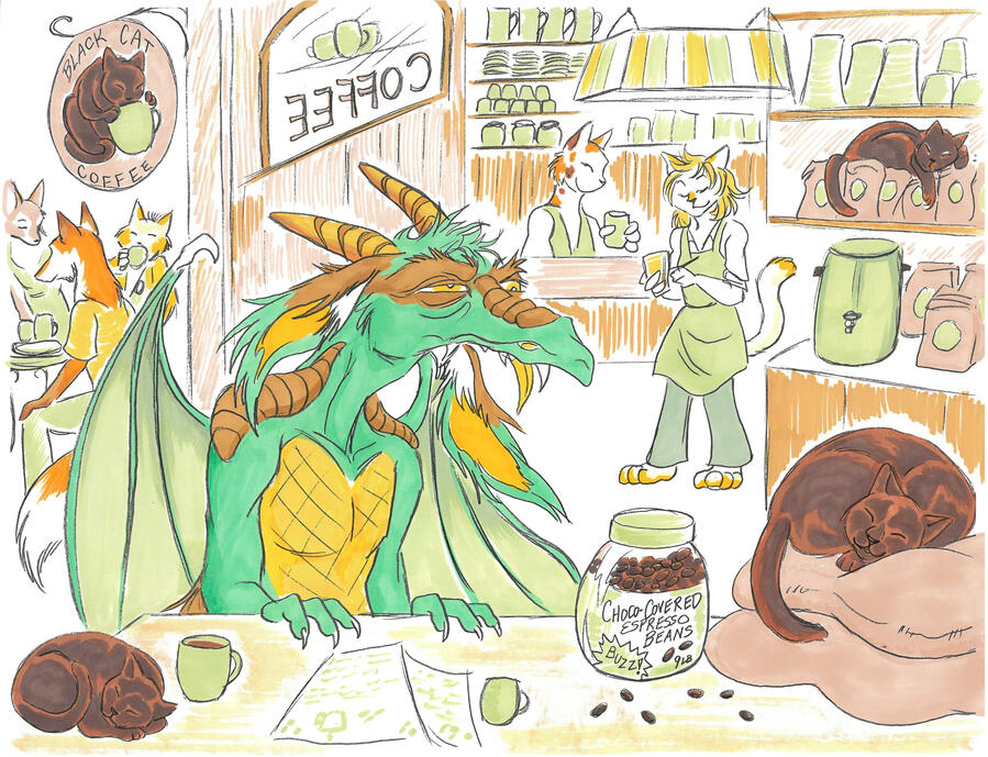 I draw a lot of commissions. This one was done with ink and prismacolors. Something like this will run around 140$. Single Chara One Bushy Cat has appeared. It remains to be seen if I can figure out how to actually make a website. Personally, I'd rather have a nap in the sun, far away from the aggravations of the internet.