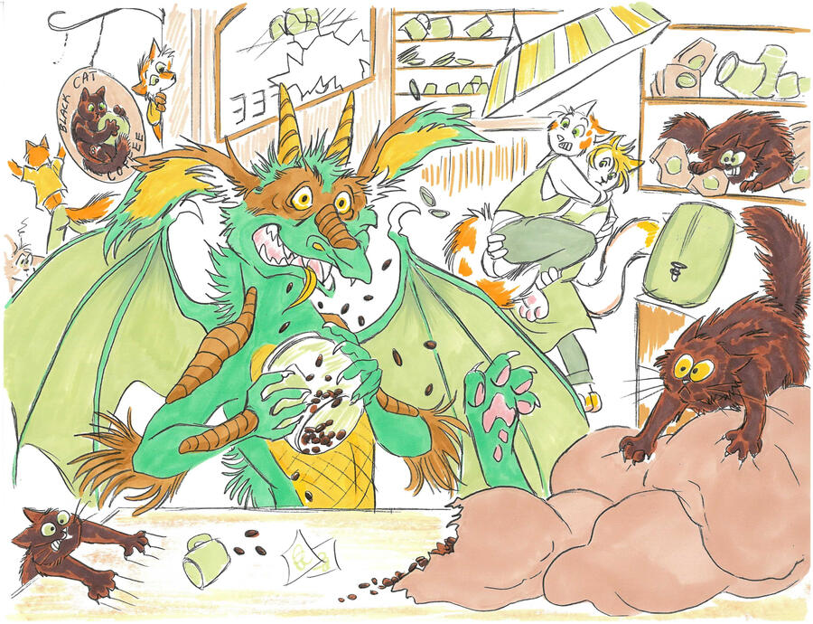 I draw a lot of commissions. This one was done with ink and prismacolors. Something like this will run around 140$. Single Chara One Bushy Cat has appeared. It remains to be seen if I can figure out how to actually make a website. Personally, I'd rather have a nap in the sun, far away from the aggravations of the internet.