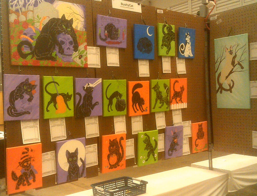 Halloween Cats I painted for AnthroCon's artshow. One Bushy Cat has appeared. It remains to be seen if I can figure out how to actually make a website. Personally, I'd rather have a nap in the sun, far away from the aggravations of the internet.
